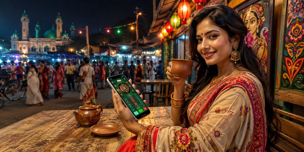 মোবাইল থেকে সরাসরি ক্যাসিনো খেলায় মগ্ন একজন নারী